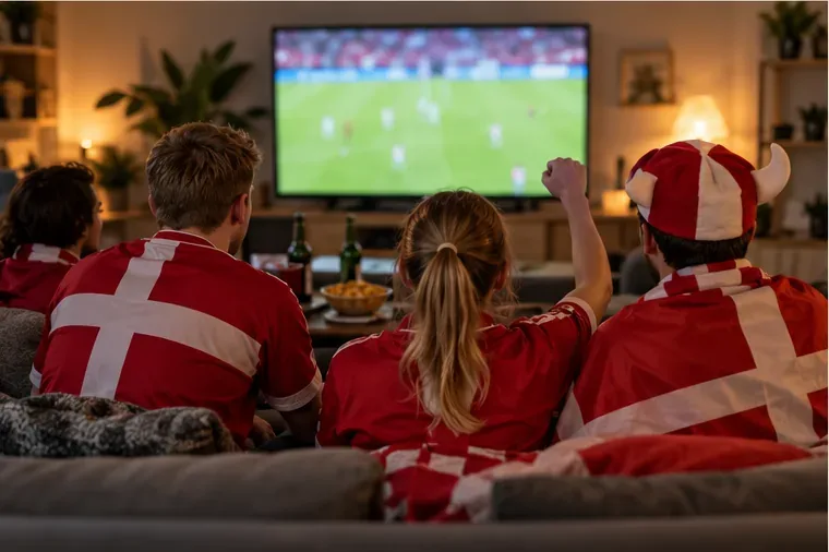 Tre fodboldfans set bagfra følger en fodboldudsendelse på tv i en stue