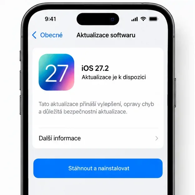 Ilustrační obrazovka Aktualizace softwaru s položkou iOS 27.2 a tlačítkem Stáhnout a nainstalovat.