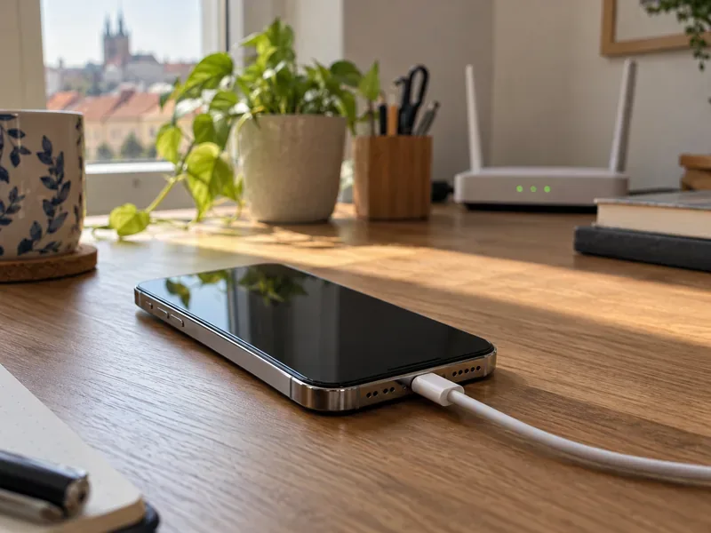 Telefon připojený k napájecímu kabelu na pracovním stole; v pozadí je bezdrátový router.