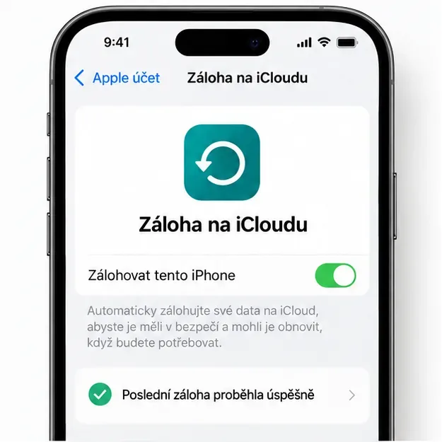 Náhled obrazovky Záloha na iCloudu s aktivním přepínačem a potvrzením poslední úspěšné zálohy.
