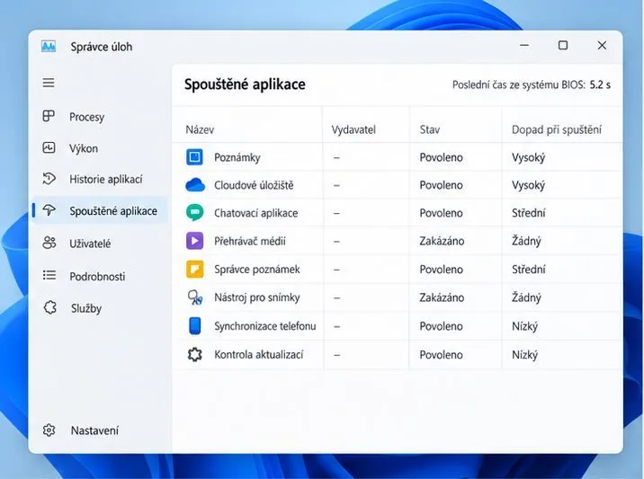 Správce úloh ve Windows 11 na kartě Po spuštění aplikace se sloupcem Dopad při spuštění.