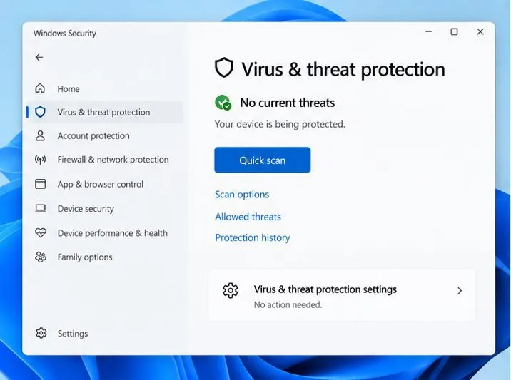 Aplikace Zabezpečení Windows v části ochrany před viry a hrozbami s tlačítkem Rychlá kontrola.
