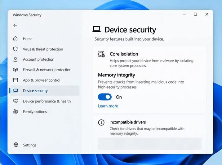 Zabezpečení zařízení ve Windows Security s kartou Izolace jádra a zapnutou Integritou paměti.