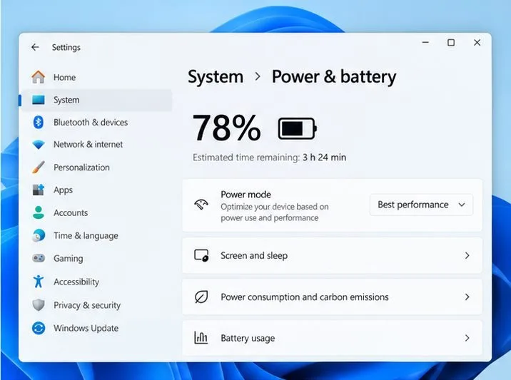 Nastavení Napájení a baterie ve Windows 11 s volbou režimu Nejlepší výkon.