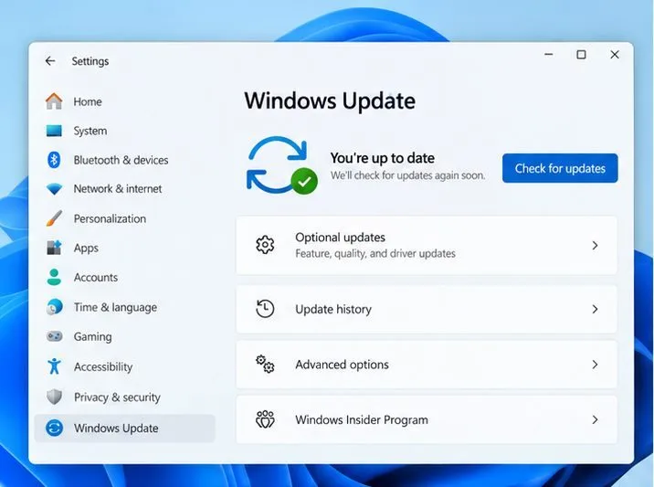 Okno Windows Update s tlačítkem pro kontrolu aktualizací a položkou Volitelné aktualizace.