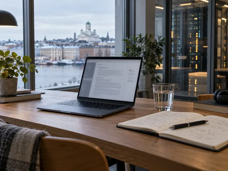 Avoin kannettava tietokone, muistikirja ja juomalasi työpöydällä suuren ikkunan ääressä