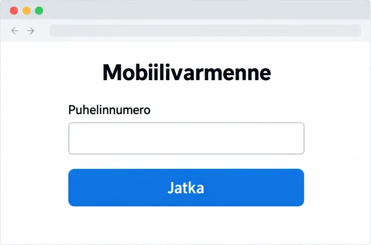 Kaaviomaisessa mobiilivarmenteen rekisteröintinäkymässä on tyhjä puhelinnumerokenttä ja Jatka-painike.