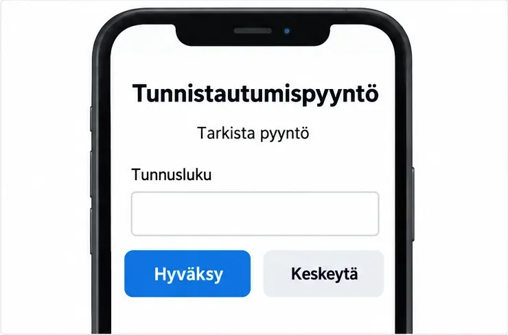Puhelimen kaaviomaisessa tunnistautumispyynnössä näkyy tarkistusohje, tunnuslukukenttä sekä Hyväksy- ja Keskeytä-painikkeet.
