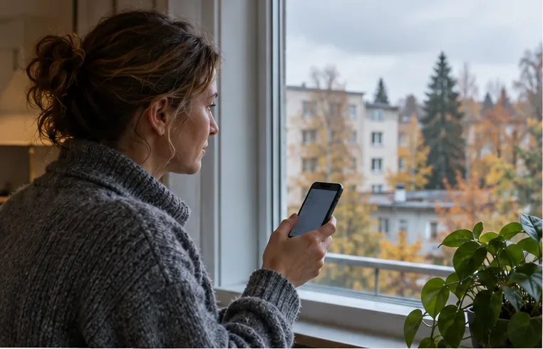 Nainen katsoo puhelintaan ikkunan vieressä syksyisen maiseman näkyessä ulkona.