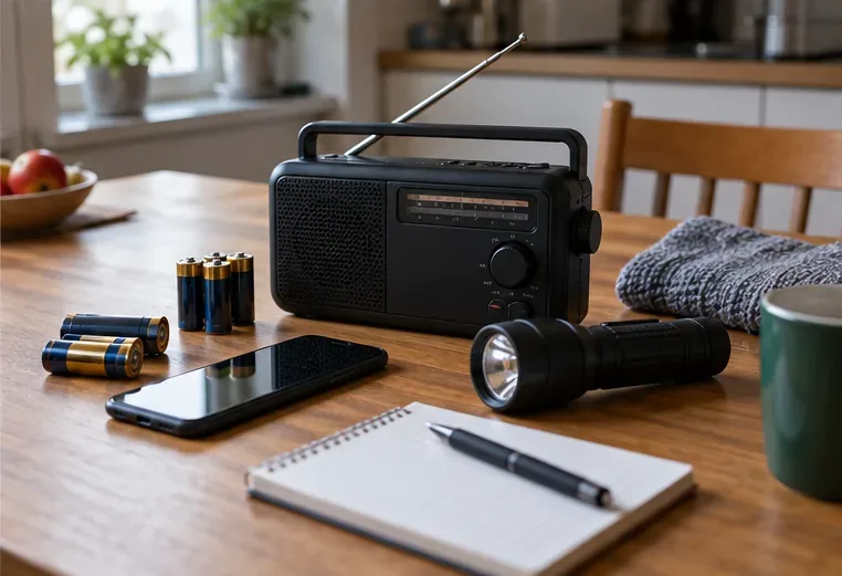 Paristoradio, varaparistoja, taskulamppu, puhelin ja muistivihko ovat valmiina keittiön pöydällä.