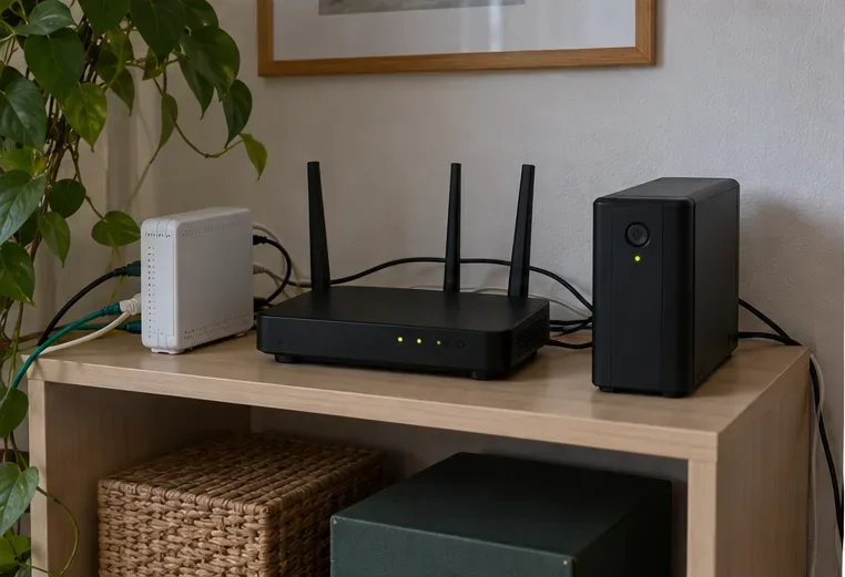Kotireititin ja valokuitupääte on kytketty pieneen UPS-varavirtalaitteeseen hyllyllä.