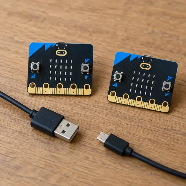 Kaksi micro:bit-korttia ja USB-kaapelit puisella pöydällä
