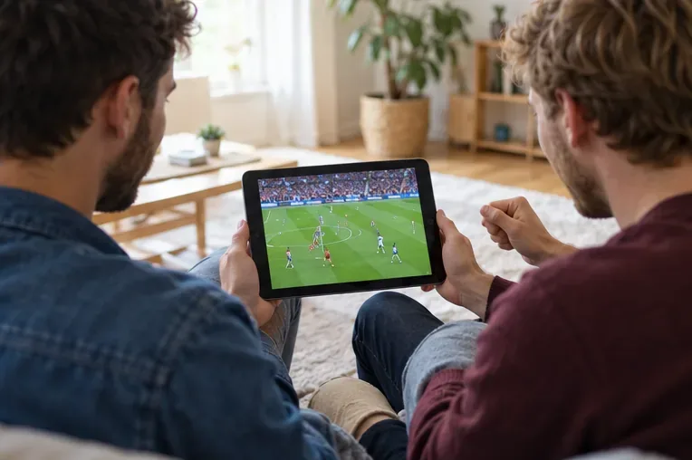 Dva přátelé sledují fotbalový zápas společně na tabletu v obývacím pokoji.