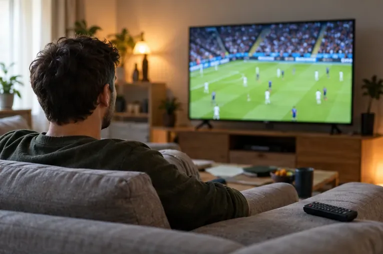 Divák sedí na pohovce a sleduje fotbalový přenos na velké televizi.