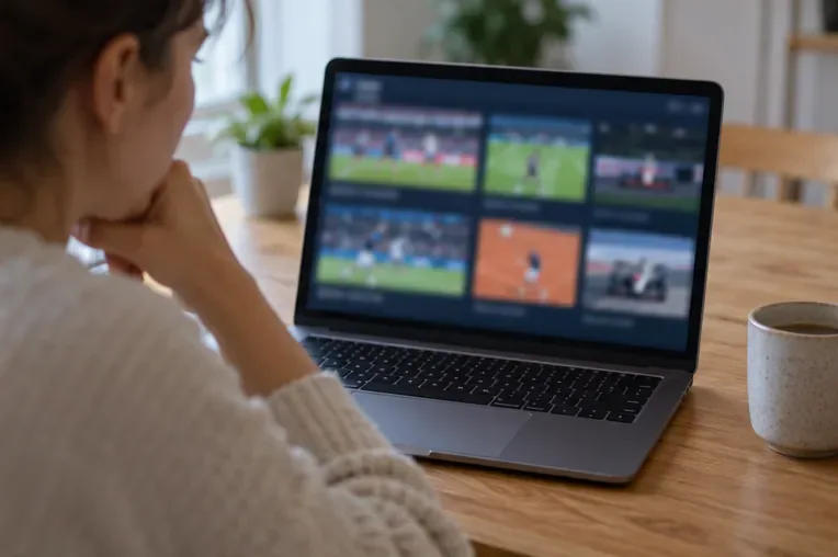 Člověk u stolu sleduje na notebooku nabídku sportovních videí a přenosů.