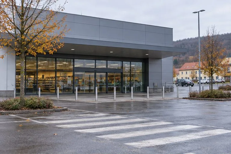 Vstupní prosklená fasáda velké prodejny s osvětleným interiérem za sklem