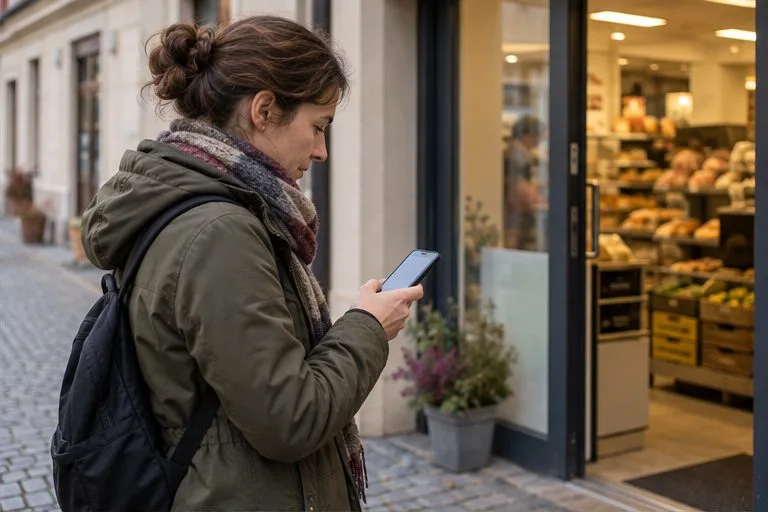 Zákaznice stojí před vchodem do místního obchodu a kontroluje mobilní telefon