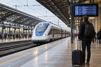 Dálkový vlak přijíždí k nástupišti a cestující s kufrem sleduje informační tabuli.