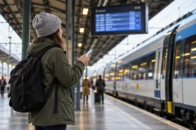 Cestující na nástupišti porovnává informace v telefonu s nádražní tabulí; vedle stojí vlak.