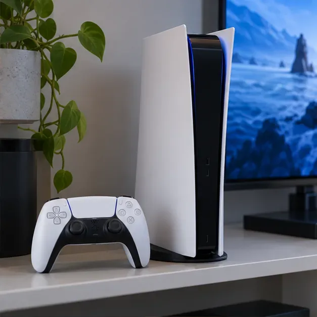Bílá konzole PlayStation 5 Digital Edition s bezdrátovým ovladačem na čisté televizní polici