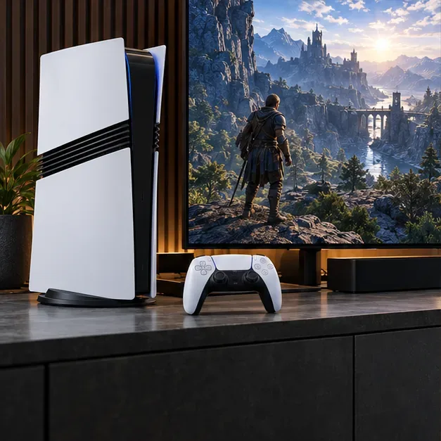 Konzole PlayStation 5 Pro vedle televizoru s detailní fantasy krajinou na obrazovce