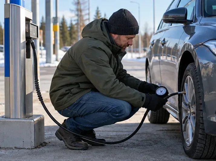Autoilija tarkistaa pysäköidyn auton rengaspainetta käsikäyttöisellä mittarilla