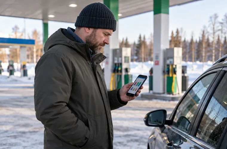 Autoilija tarkistaa polttoainehintojen vertailua puhelimesta pysäköidyn auton vieressä