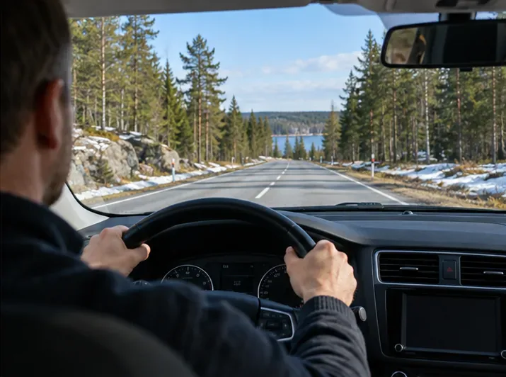 Kuljettaja ajaa tasaisesti suomalaisella metsätiellä molemmat kädet ohjauspyörällä