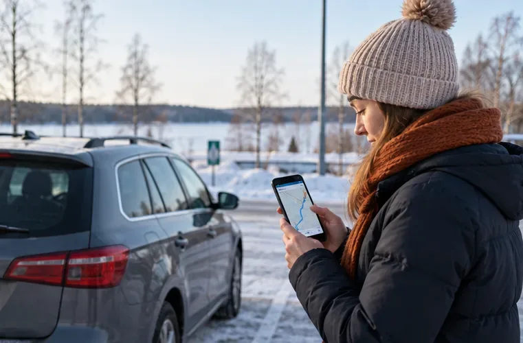 Autoilija tarkistaa reitin puhelimesta auton vieressä pysäköintialueella