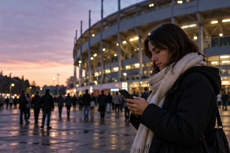 En supporter står utenfor en stadion i skumringen og ser på telefonen.