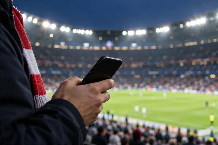 En supporter holder en telefon foran en opplyst fotballstadion med banen ute av fokus.