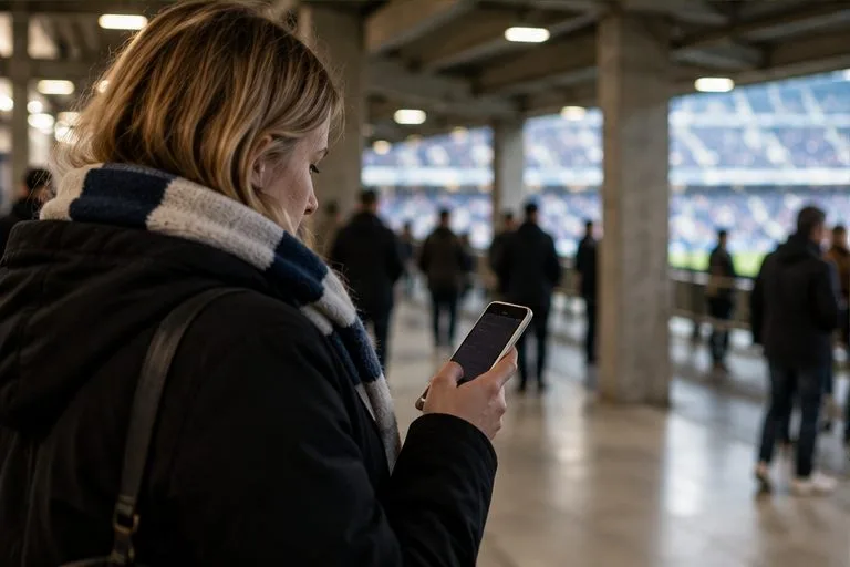 Kannattaja katsoo älypuhelintaan stadionin katetulla käytävällä, taustalla näkyy muita ihmisiä ja valaistu kenttä.