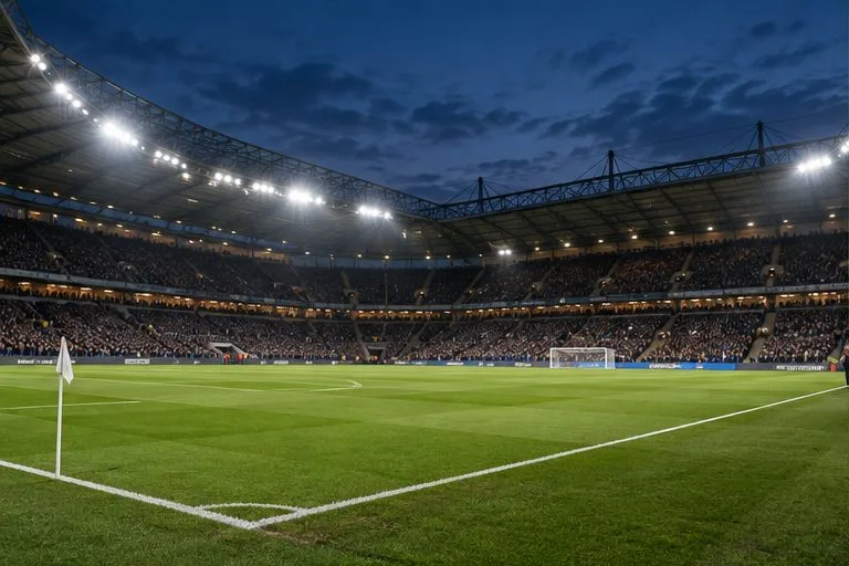 Valaistu jalkapallostadion iltahämärässä; vihreä kenttä, kulmalippu ja katsomot näkyvät laajassa näkymässä.