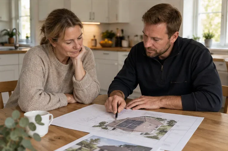 En husägare och en solcellsspecialist går igenom en takritning vid ett köksbord.