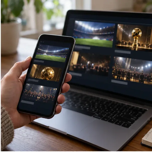En hånd holder en smartphone foran en bærbar computer; begge skærme viser generiske sportsvideominiaturer.