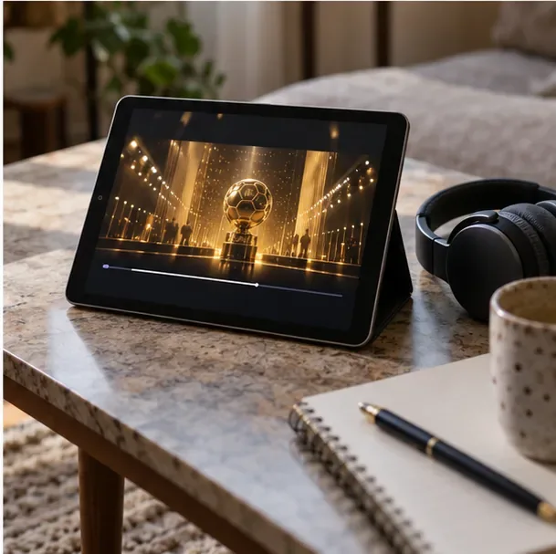 En tablet står på et bord med hovedtelefoner ved siden af; skærmen viser en generisk, sat på pause-prisuddelingsvideo.