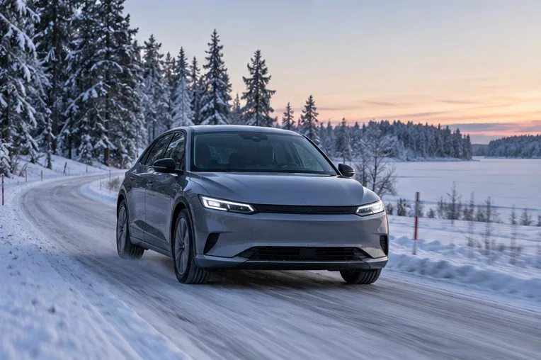 Sähköauto ajaa talvisella, lumisella tiellä havumetsän ja pellon välissä