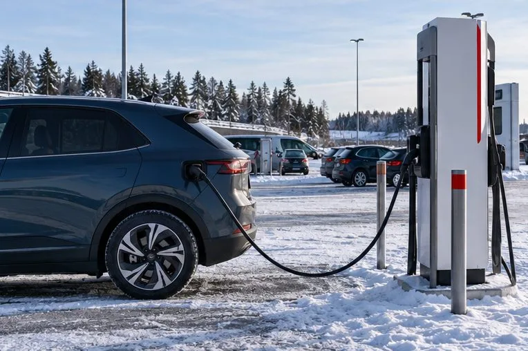 Sähköauto on kytketty julkiseen pikalatauspisteeseen talvisella huoltoasemalla