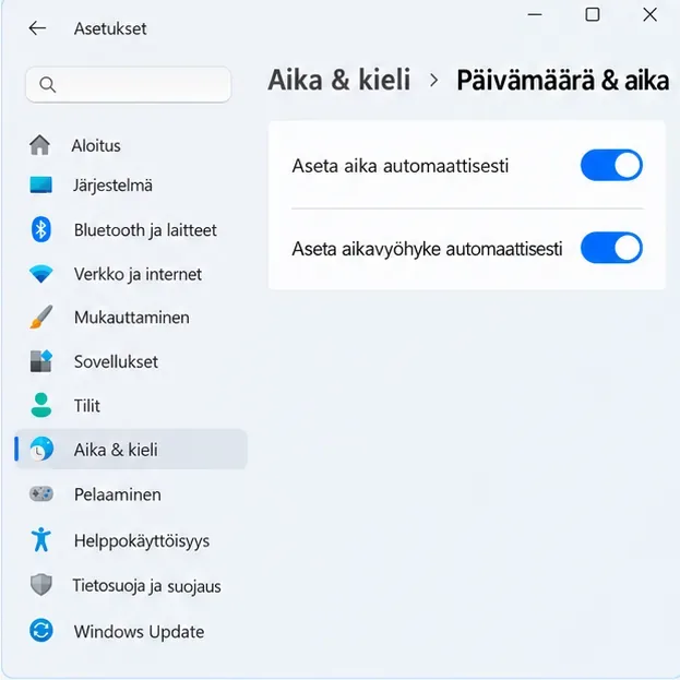 Windowsin Aika ja kieli -asetusten Päivämäärä ja aika -sivu, jossa automaattinen aika ja aikavyöhyke ovat päällä
