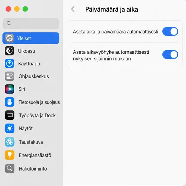 Mac-tietokoneen Päivämäärä ja aika -asetukset, joissa automaattinen kellonaika ja sijaintiin perustuva aikavyöhyke ovat käytössä