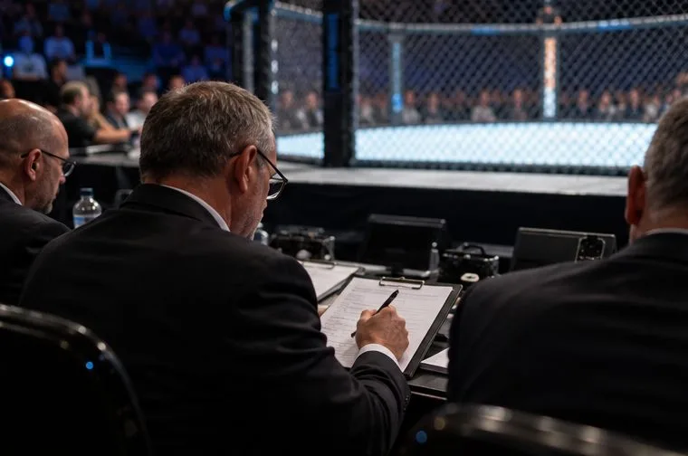 Rozhodčí u klece zapisuje údaje na bodovací lístek, zatímco za ním je rozostřená MMA klec.