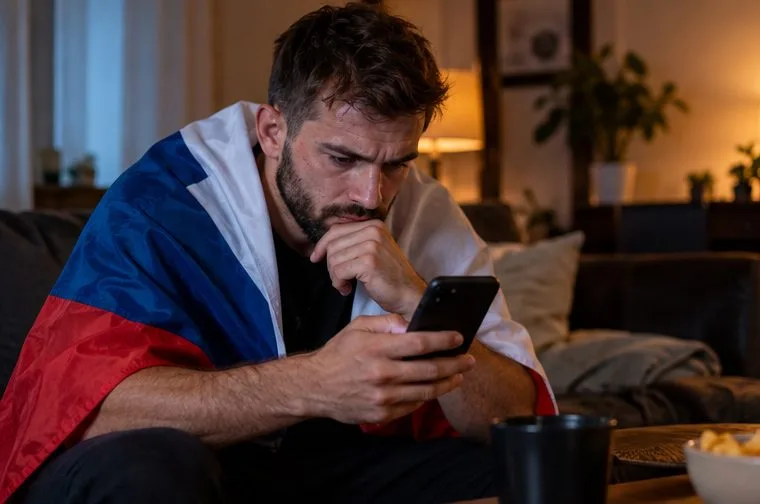 Fanoušek sedí doma na pohovce, přes ramena má českou vlajku a prohlíží si smartphone.