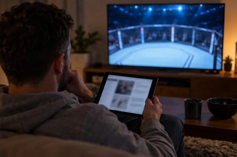 Divák na pohovce drží tablet a sleduje přehled na obrazovce, v pozadí je na televizi rozostřená prázdná klec.