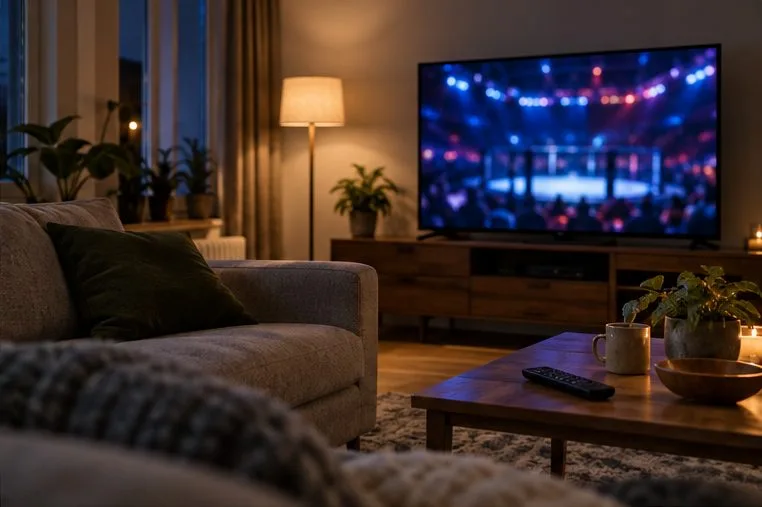 Olohuone, jossa television edessä on kaukosäädin ja ruudulla näkyy epätarkka valaistu areena