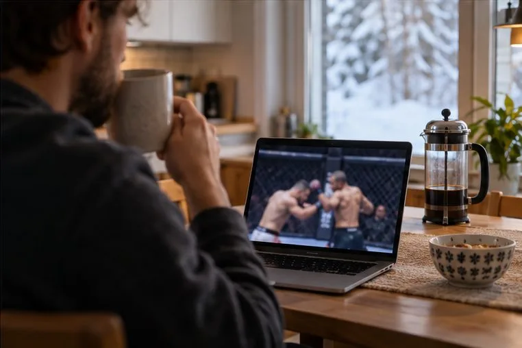 Katsoja juo kahvia pöydän ääressä ja katsoo kannettavalta tietokoneelta epätarkkaa kamppailuvideota