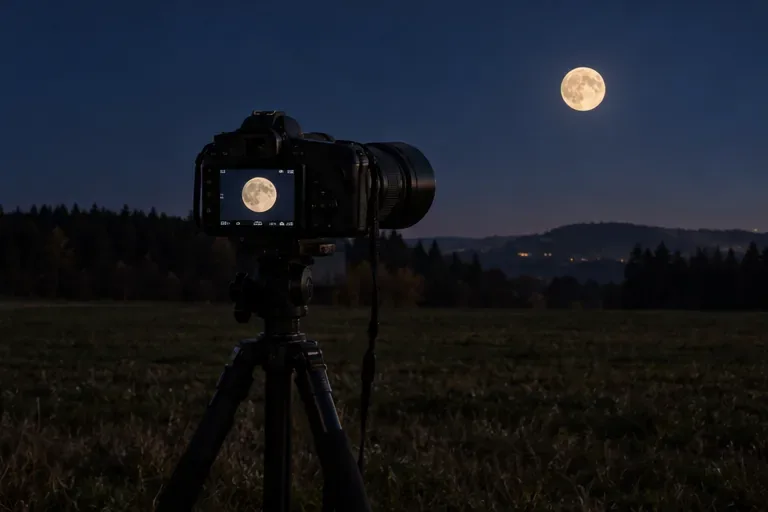 Fotoaparát na stativu míří na Měsíc nad otevřenou krajinou po setmění.