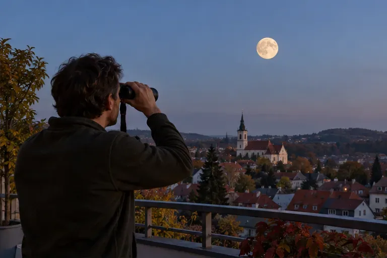 Pozorovatel s triedrem sleduje Měsíc nad střechami z otevřeného balkonu.