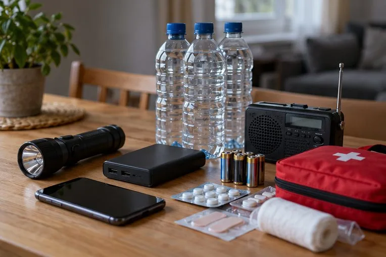 Na stole jsou připravené baterka, powerbanka, náhradní baterie, rádio, voda, telefon a lékárnička.