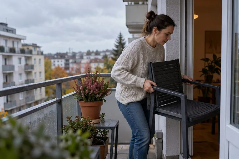 Žena přenáší balkonovou židli z balkonu do bytu; u zábradlí stojí květináče.