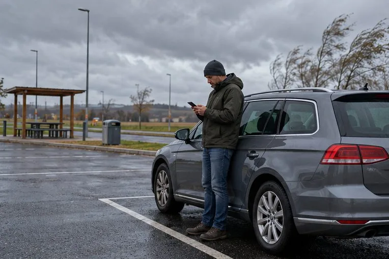 Řidič stojí u zaparkovaného auta na odpočívadle a kontroluje telefon.